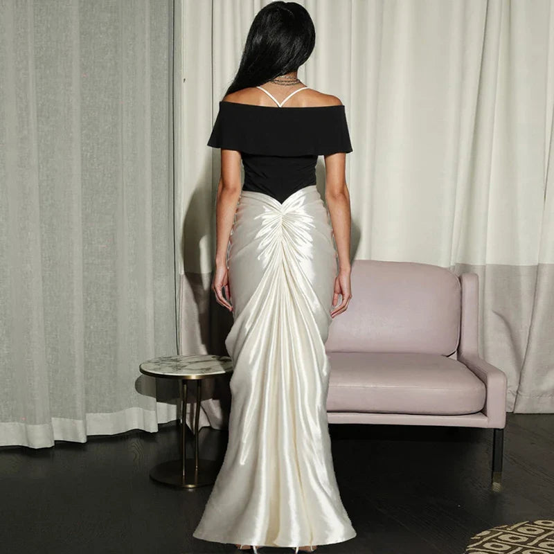 Pleated Off Shoulder Split Bodycon Maxi Dress