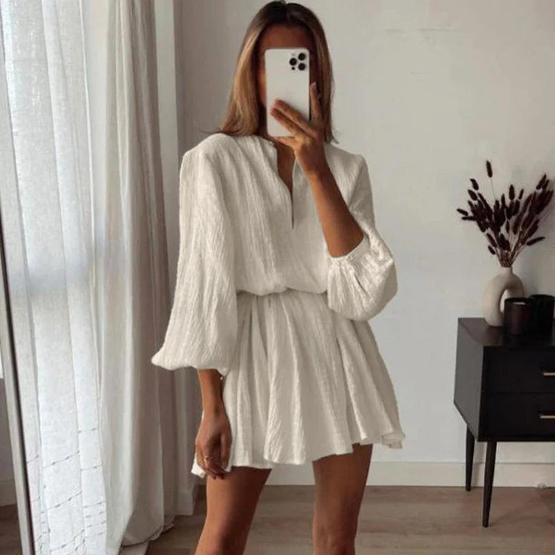Long Sleeve V Neck Lace Up A-Line Mini Dress