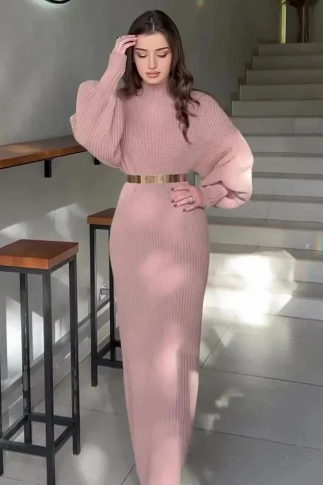 Elegant Knitted Turtleneck Long Sleeve Maxi Dress