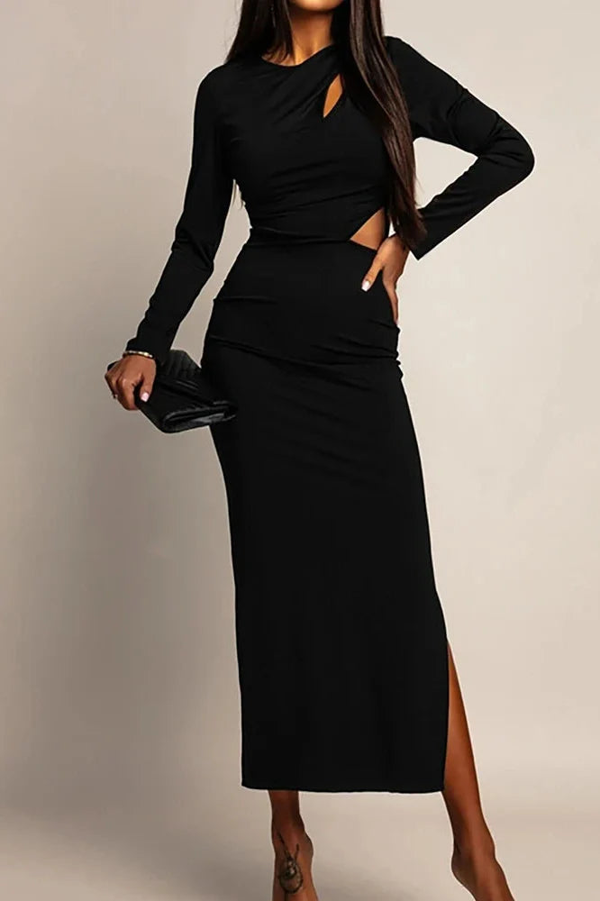 Hollow Out Long Sleeve O-Neck Bodycon Maxi Dress