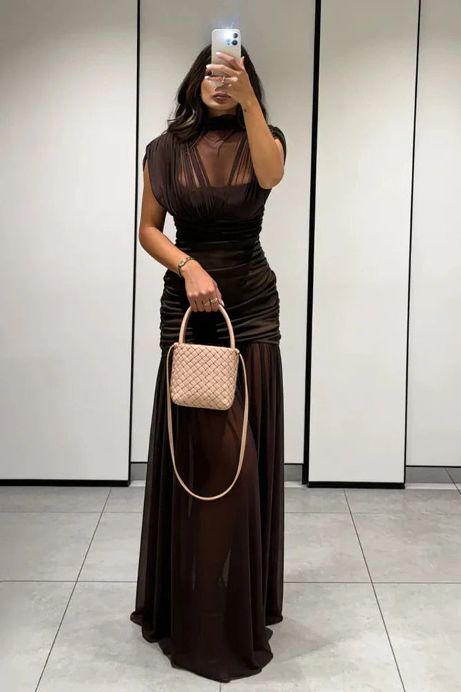 Sleeveless See-Through Patchwork Pleated Maxi Dress