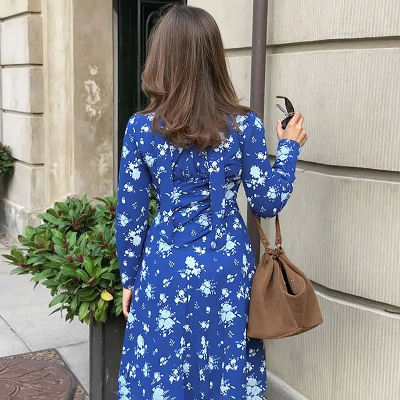 V Neck Printed Long Sleeve High Waist Maxi Dress