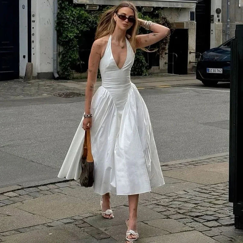 Deep V Neck A-Line Pleated Midi Dress