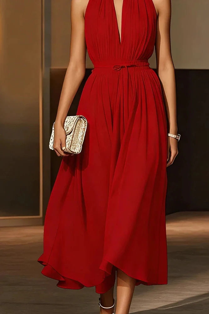 Elegant Off-Shoulder Sleeveless High Waist Backless Pleated Midi Dress