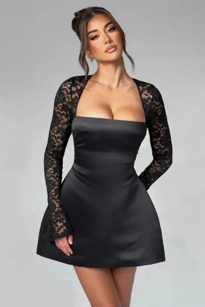 Lace Long Sleeve Square Collar Backless A-line Mini Dress