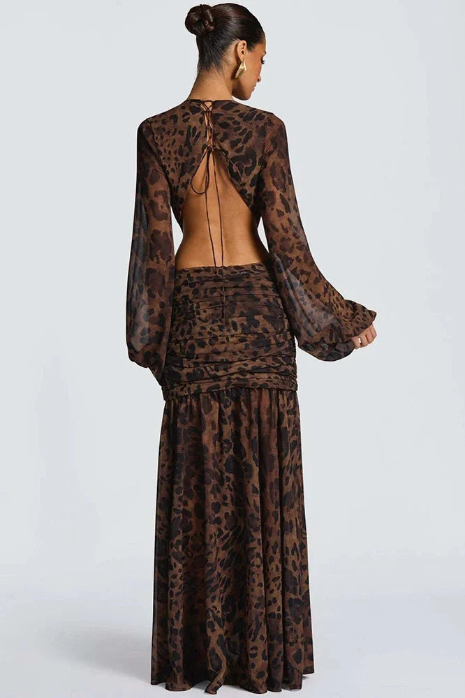 Hollow Out Printed Long Sleeve Backless Bodycon Maxi Dress