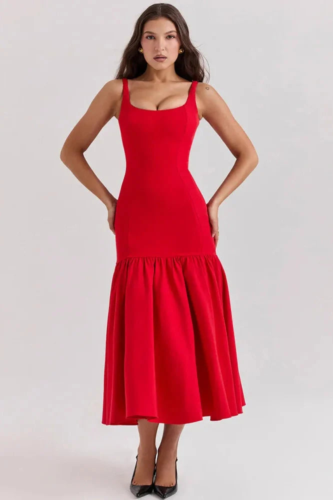 Backless Square Collar Sleeveless Loose Pleated Maxi Dress