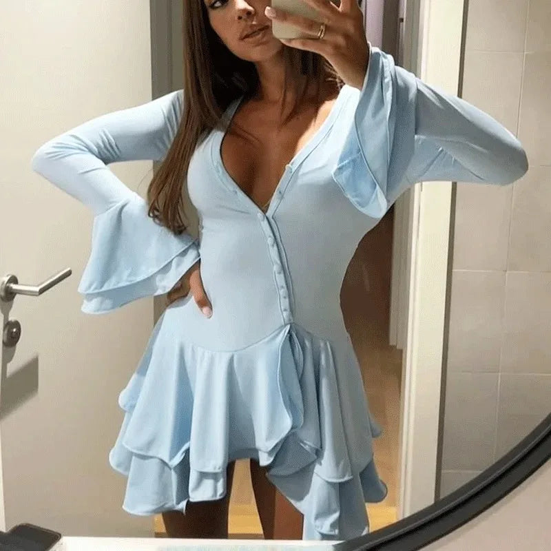 Elegant V-Neck Button Patchwork Mini Dress