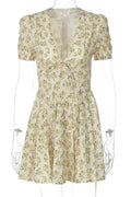 Deep V Neck A-Line High Waist Pleated Printed Mini Dress