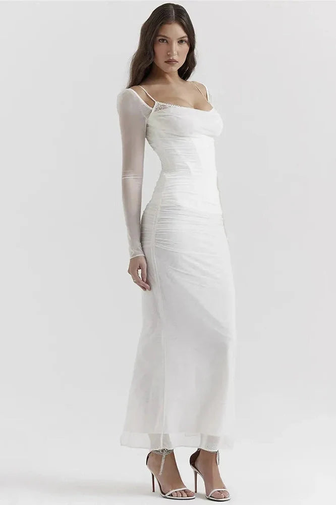 Elegant Sheer Long Sleeve Strapless Backless Maxi Dress