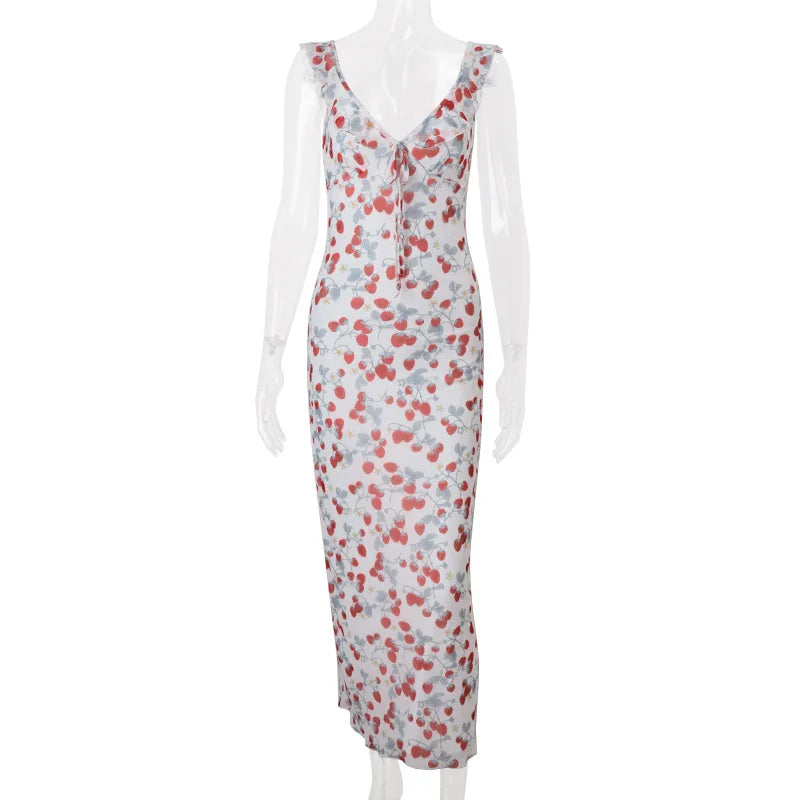 Printed V-Neck Sleeveless Slim Maxi Dress