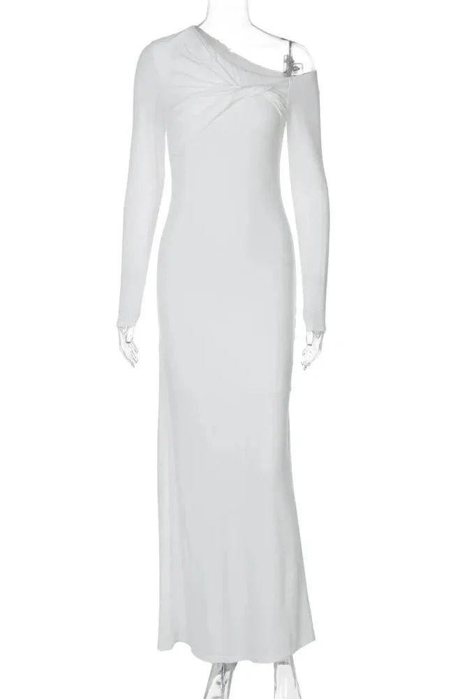 Inclined Shoulder Long Sleeve Backless Bodycon Maxi Dress