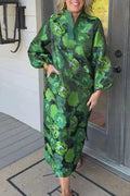 Elegant Pocket Floral Printed Long Sleeve Loose Maxi Dress