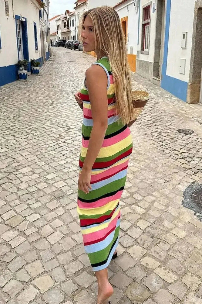Striped Knit Patchwork Sleeveless Bodycon Maxi Dress