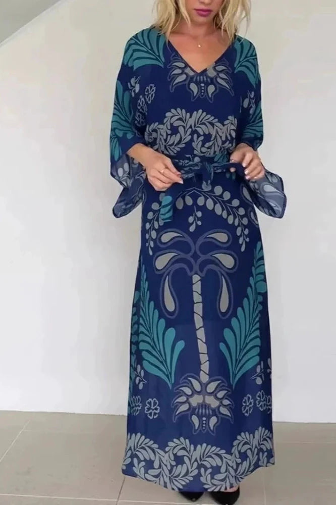 Long Sleeve Loose Pleated Lace Up Printed V-Neck Maxi Dress