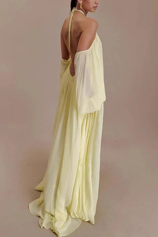 Backless Lace Up Off Shoulder Pleat Loose Maxi Dress
