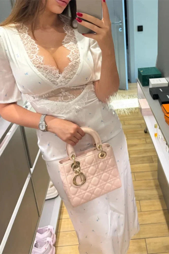 Hollow Out V-Neck Lace Slim Patchwork Maxi Dress