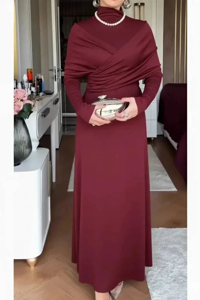 Elegant High Waist Long Sleeve Slim Pleated Irregular Maxi Dress
