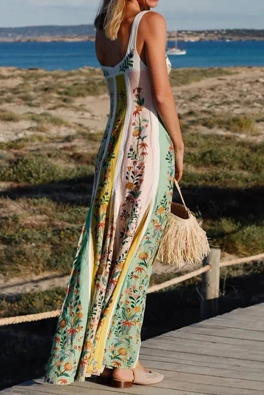 Floral Printed Slim High Waist Sleeveless Pleated Maxi Dress