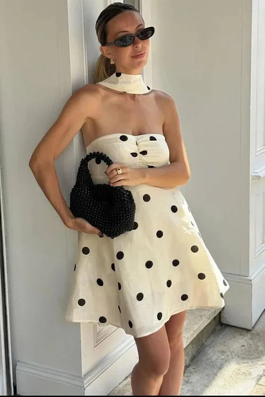 Polka Dot Off-Shoulder Backless Pleated Strapless Mini Dress