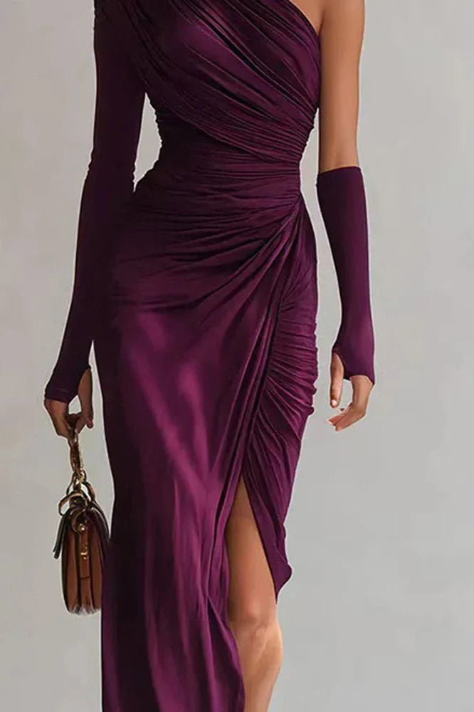 Elegant One-Shoulder High Waist Pleated Slim Slash Collar Maxi Dress