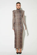 Leopard Print Long Sleeve Turtleneck Maxi Dress