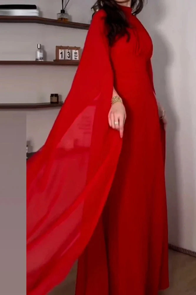 Elegant O-Neck Slit Long Sleeve Pleated High Waist Maxi Dress