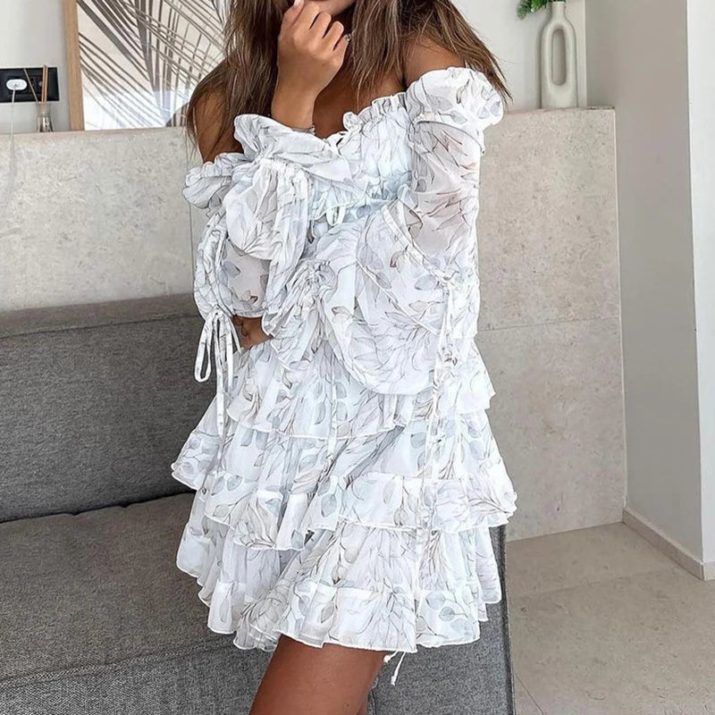 Printed Square Collar Long Sleeve Lace-Up Mini Dress