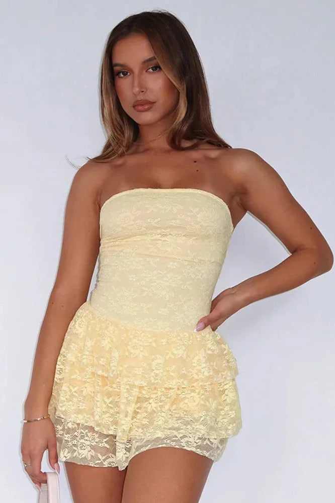 Off-Shoulder Strapless Lace Sleeveless High Waist Pleated Mini Dress