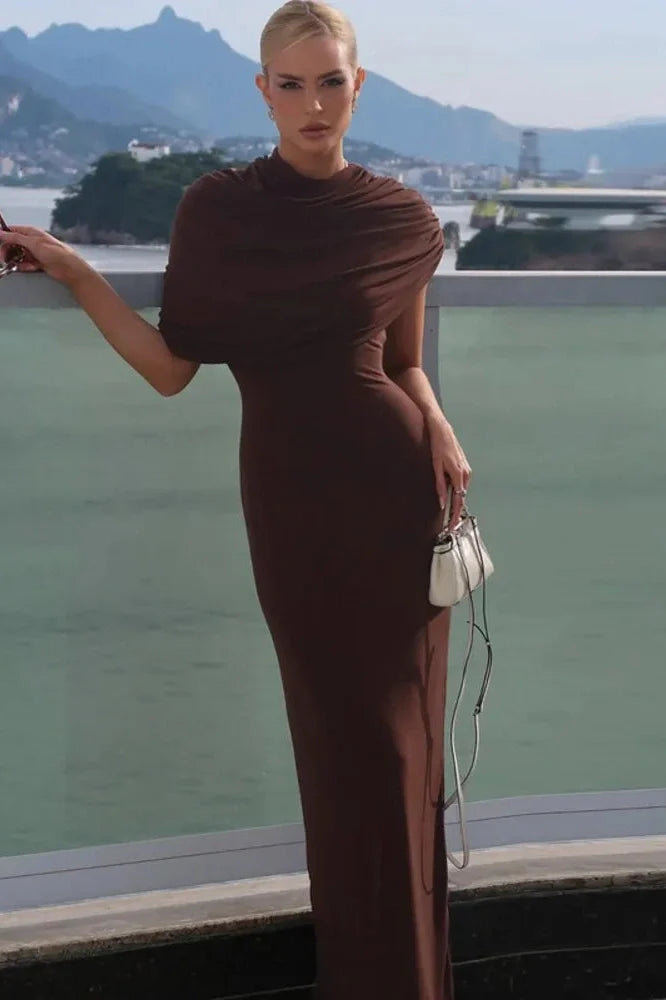 Inclined Shoulder Pleated Irregular Maxi Dress