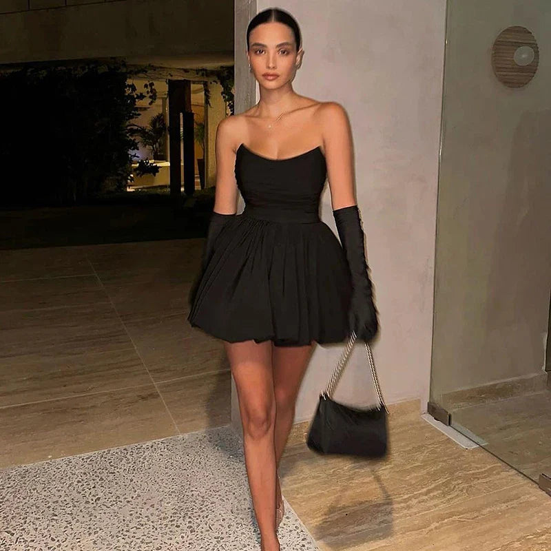Pleated Strapless High Waist A-Line Mini Dress