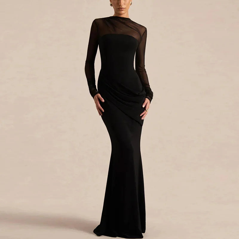 Elegant See Through Hollow Out Patchwork Maxi Dress