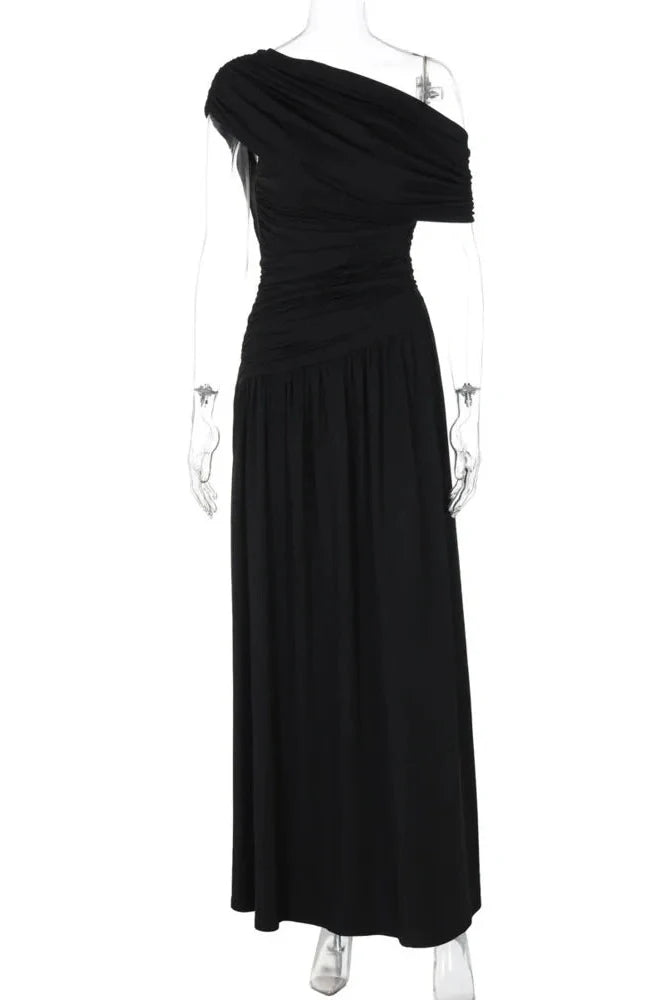 Incline Shoulder Backless Sleeveless Pleated Maxi Dress