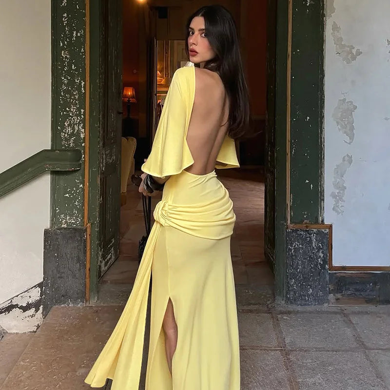 Backless Patchwork Lace Up Split Maxi Dress