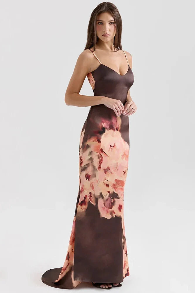 Printed Spaghetti Strap Sleeveless Backless Bodycon Maxi Dress