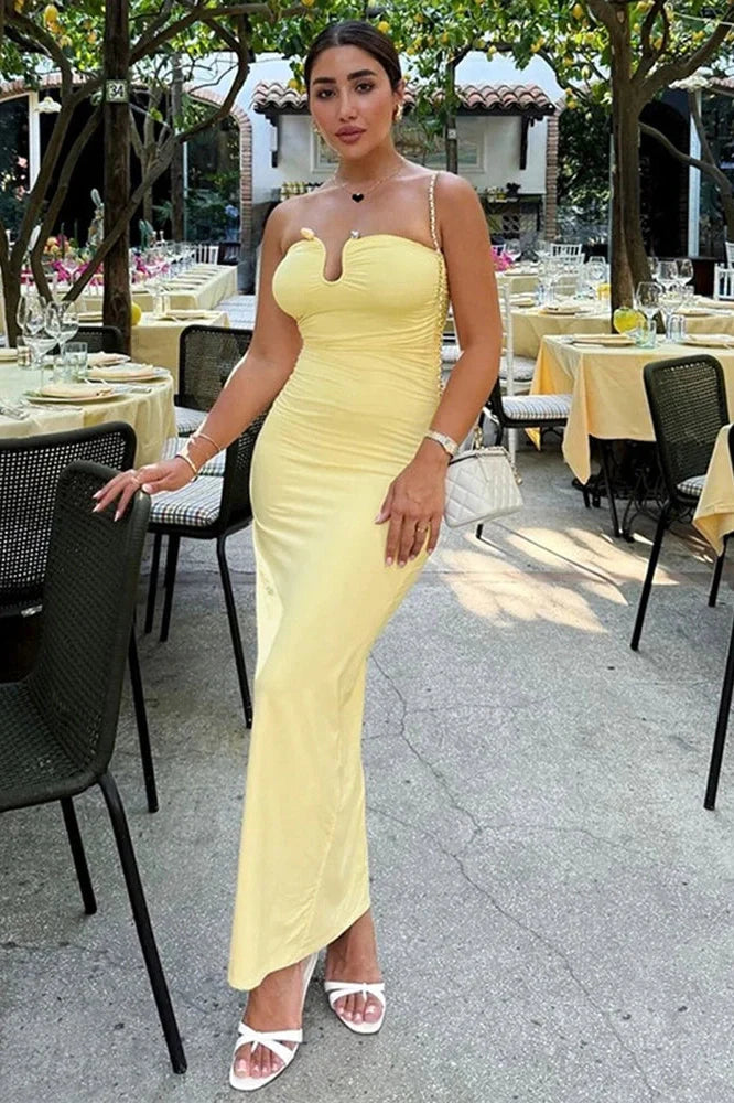 Elegant U-Neck Pleated Bodycon Sleeveless Maxi Dress