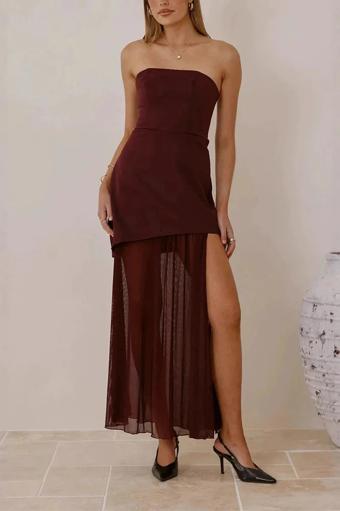 Off Shoulder High Waist Slim Sleeveless Pleated Maxi Dress
