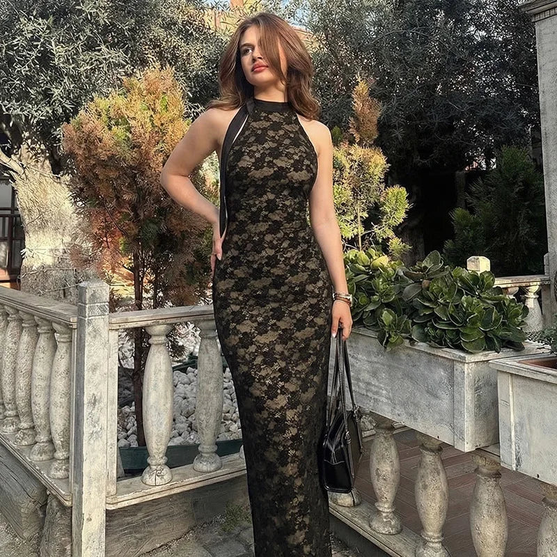 Lace Backless High Waist Slim Maxi Dress