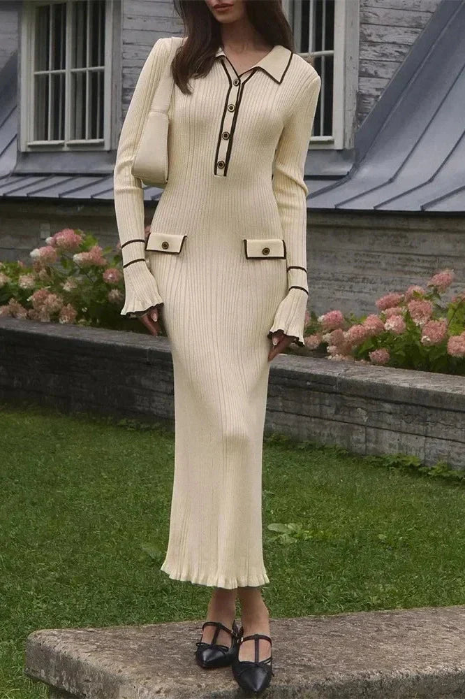 Knitted High Waist Long Sleeve Midi Dress