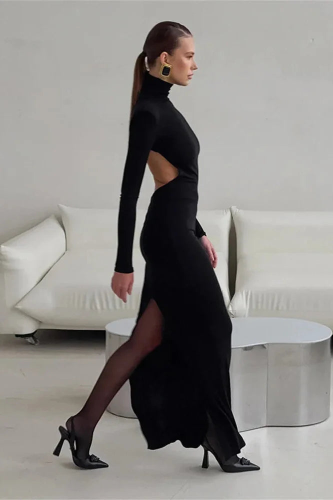 Backless Turtleneck Patchwork Slim Long Sleeve Maxi Dress
