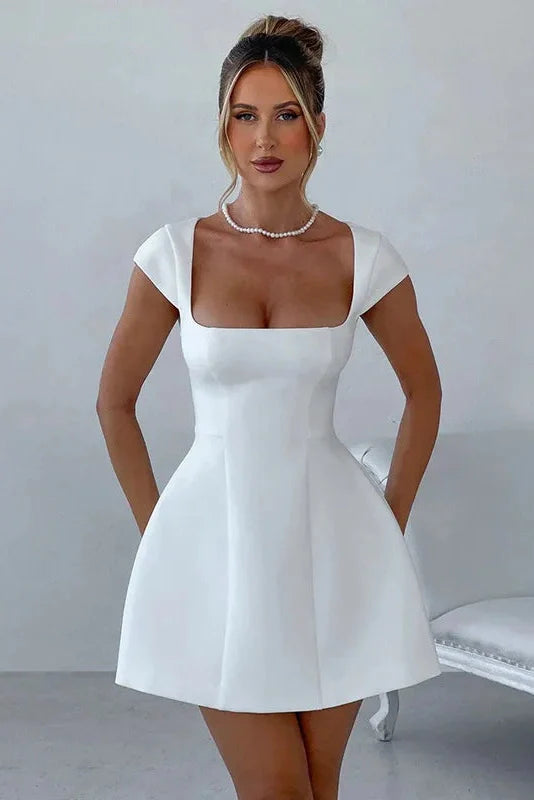 Square Collar A-Line High Waist Patchwork Mini Dress