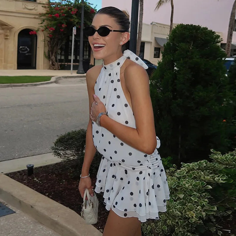 Polka Dot Print Backless Lace Up Mini Dress