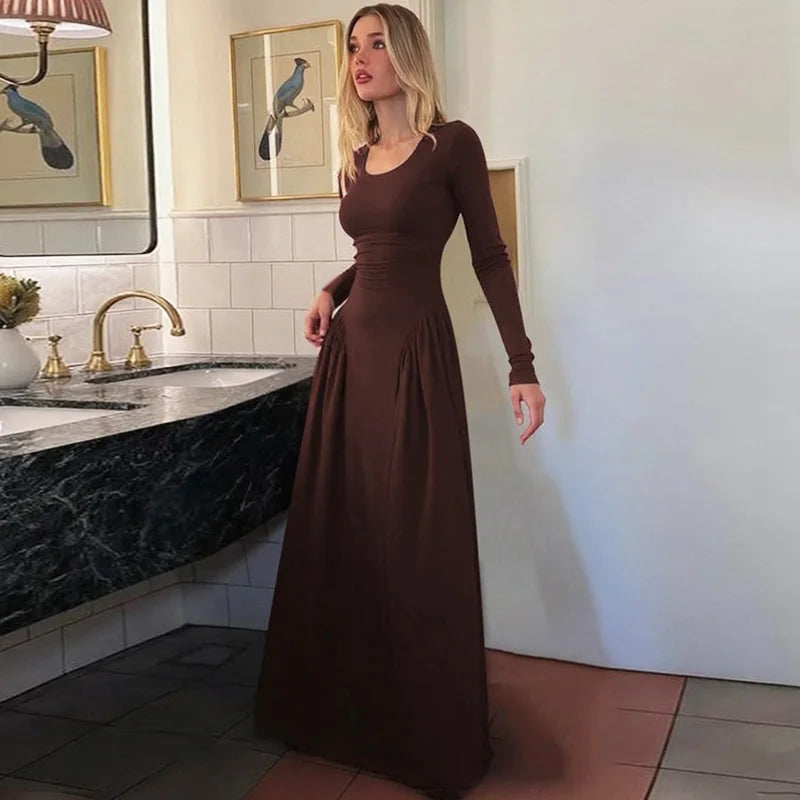 Elegant Square Neck Patchwork Long Sleeve Maxi Dress