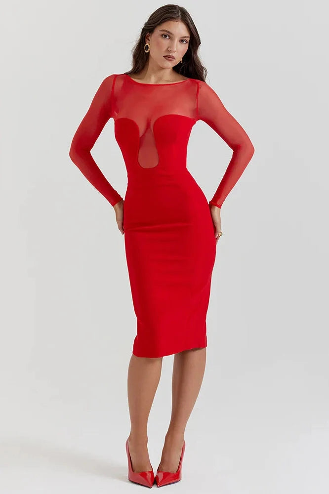 Elegant Long Sleeve Strapless Backless Split Bodycon Midi Dress 2026