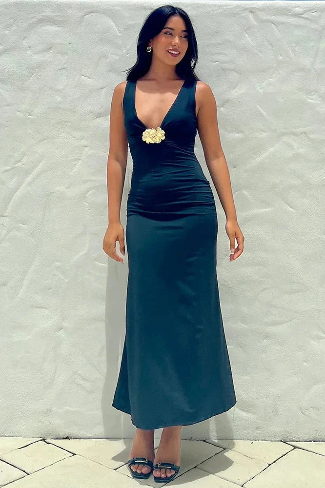 Elegant Deep V Neck Sleeveless Slim Fit Maxi Dress