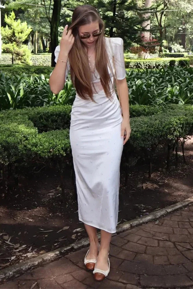 Hollow Out V-Neck Lace Short Sleeve Patchwork Maxi Dress