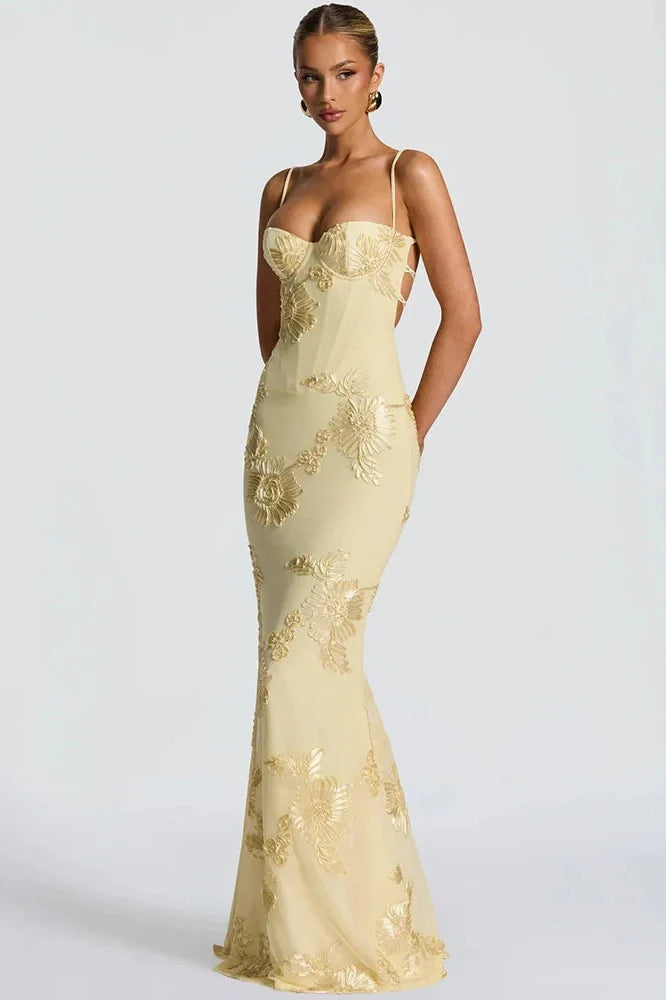Spaghetti Strap Printed Sleeveless Backless Bodycon Maxi Dress
