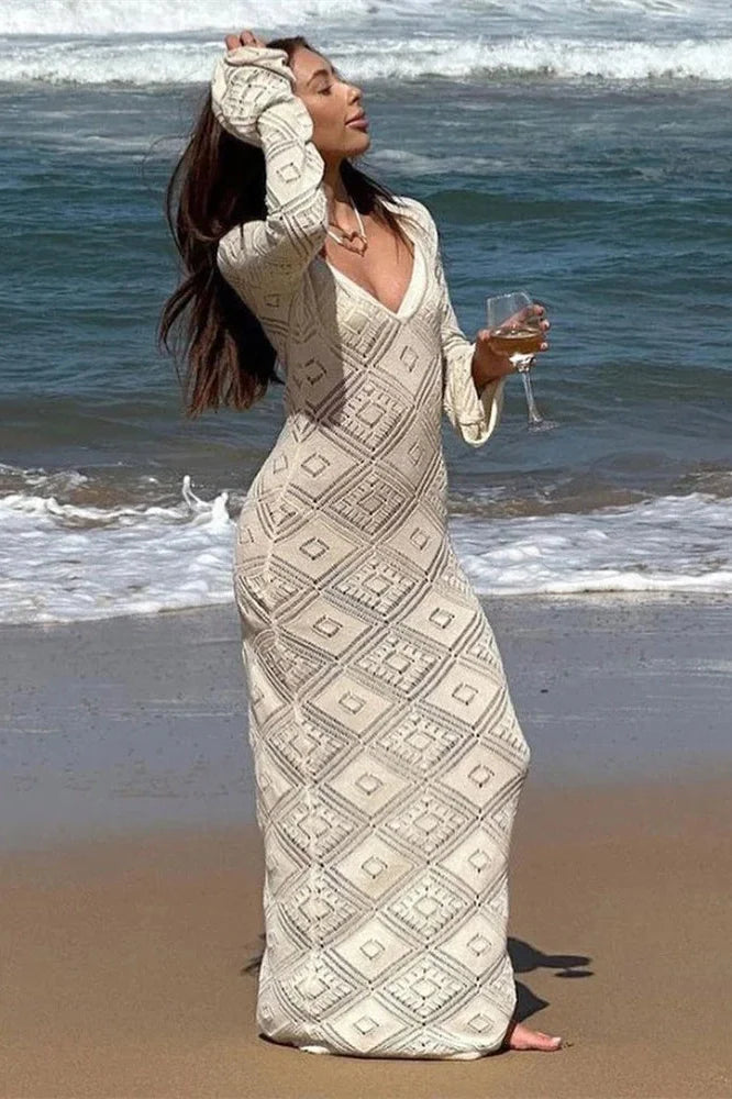 See-Through Loose Flared Sleeve Backless V-Neck Maxi Dress