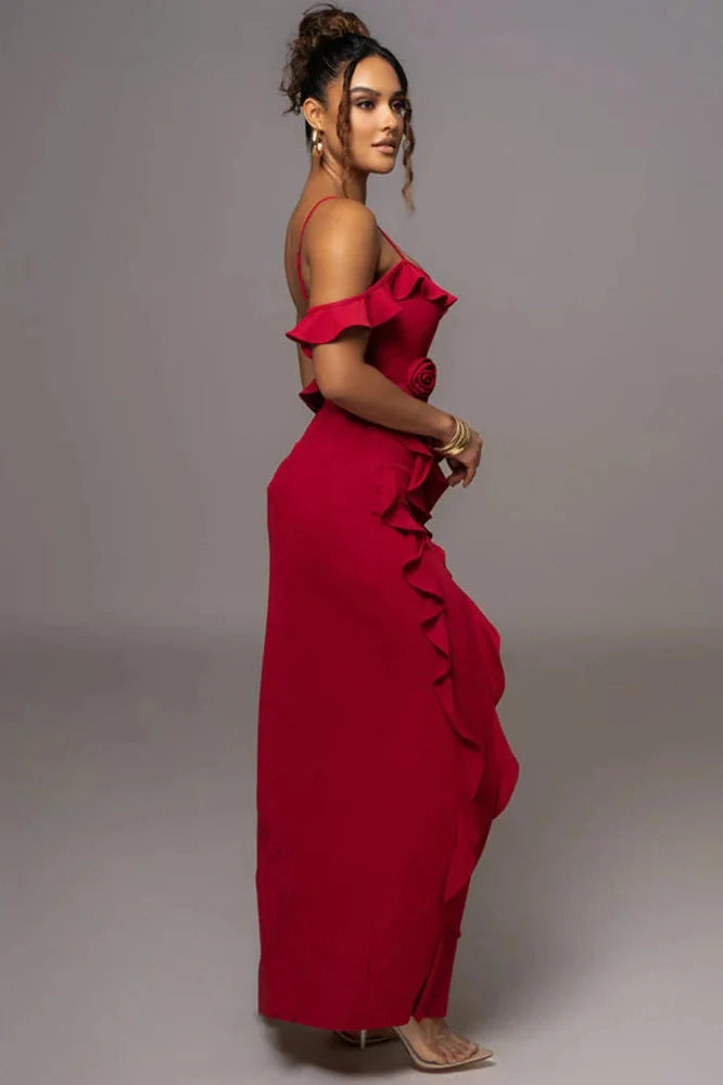Elegant Spaghetti Strap Flower Sleeveless Maxi Dress