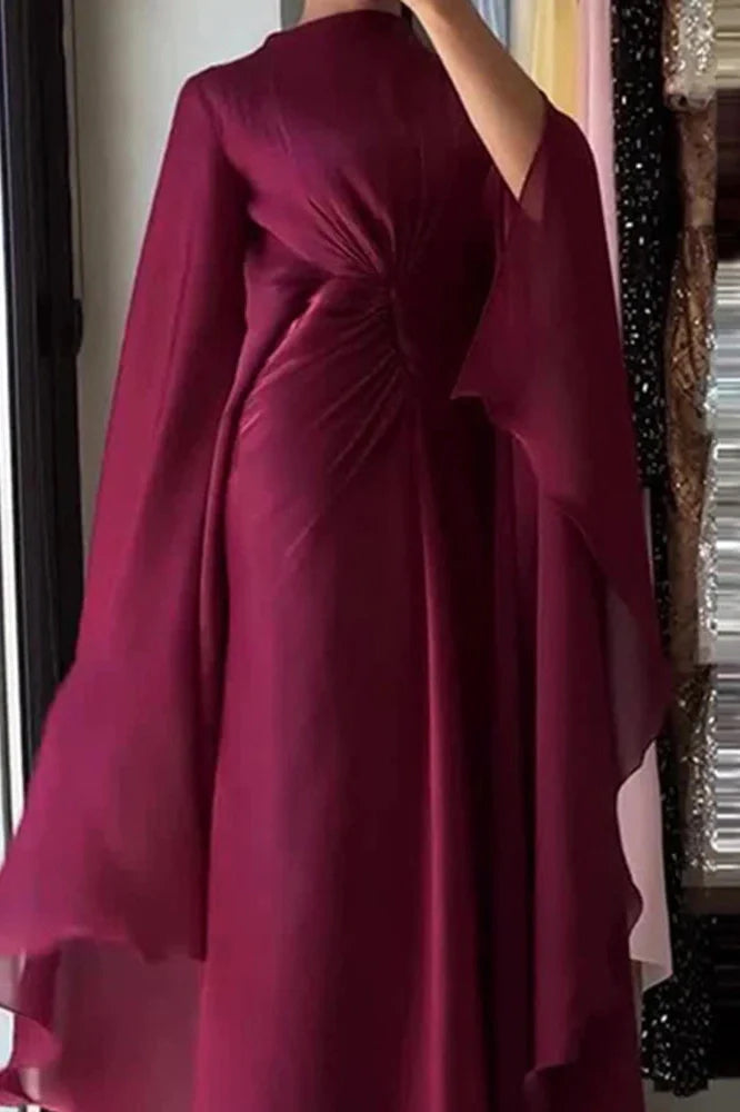 Long Sleeve Lace Up O-Neck Loose Pleated Maxi Dress